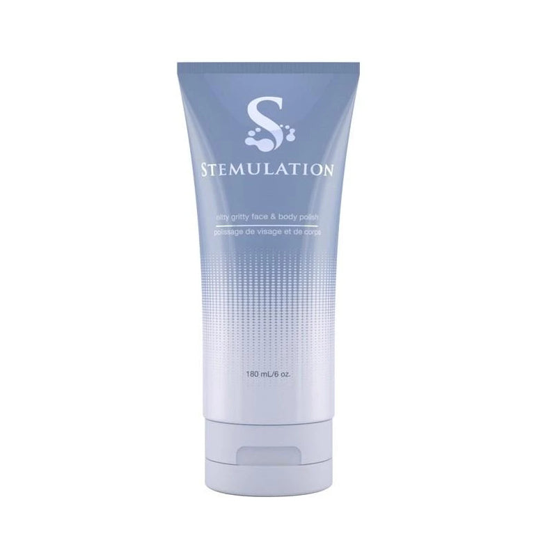 A tube of Stemulation Nitty Gritty Face & Body Polish, 6 oz 180 mL size, in a light blue color with product information and branding on the label.