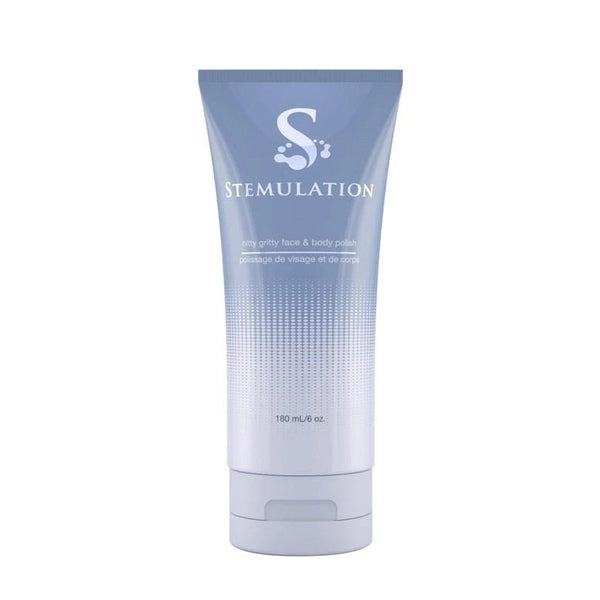 A tube of Stemulation Nitty Gritty Face & Body Polish, 6 oz 180 mL size, in a light blue color with product information and branding on the label.