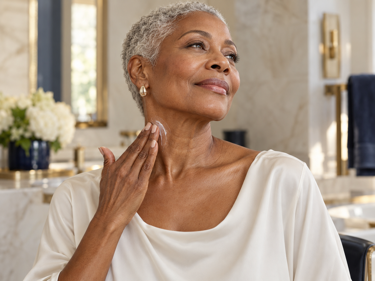 Skincare lifestyle model demonstrating neck cream application