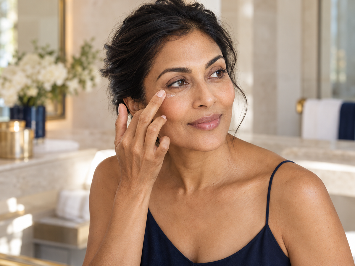 Skincare lifestyle model demonstrating eye cream application