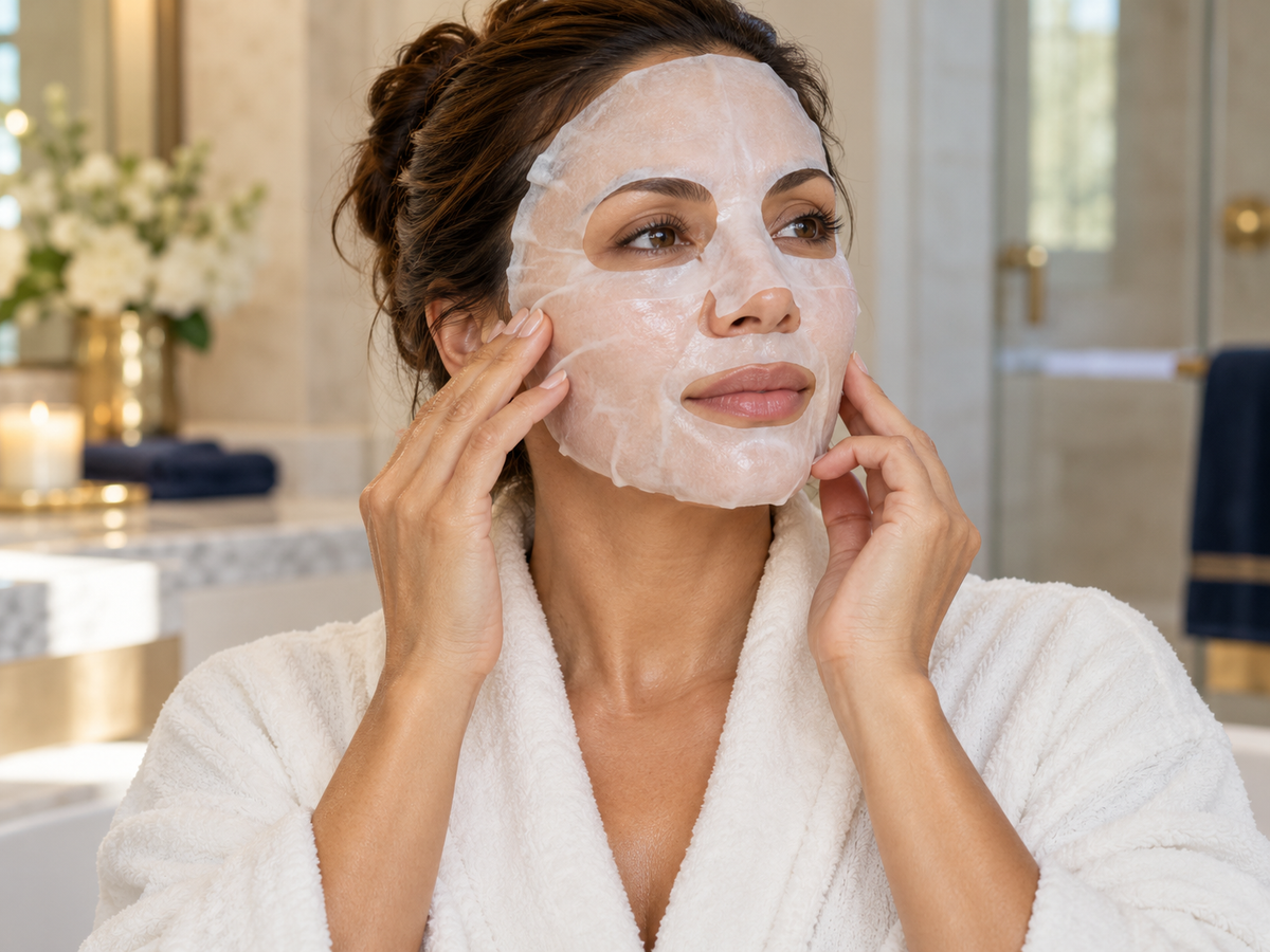 Skincare lifestyle model demonstrating a sheet mask