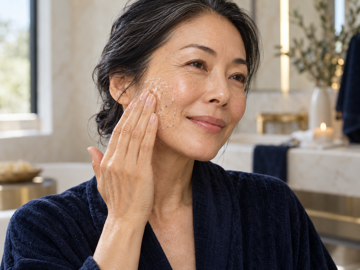 Skincare lifestyle model demonstrating gentle facial exfoliation