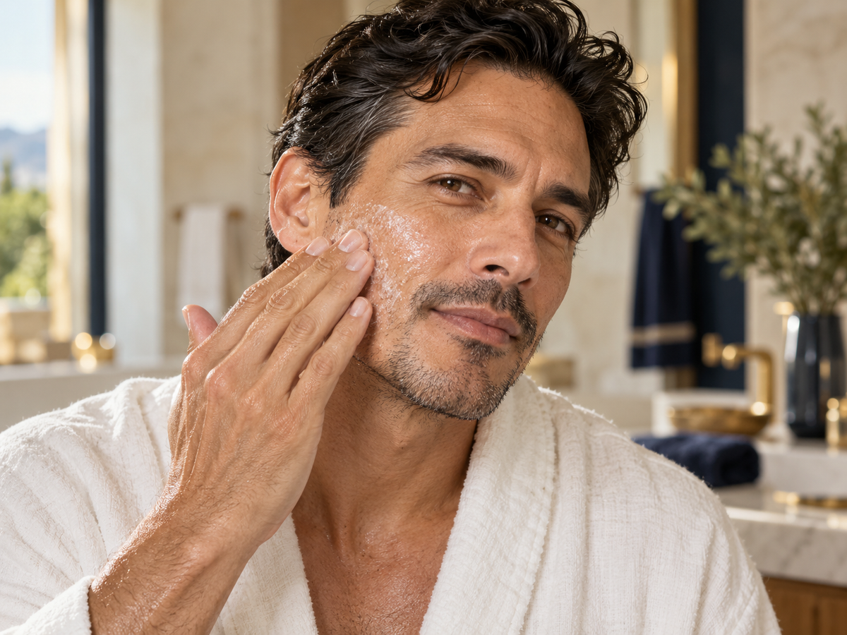 Skincare lifestyle model demonstrating facial exfoliation